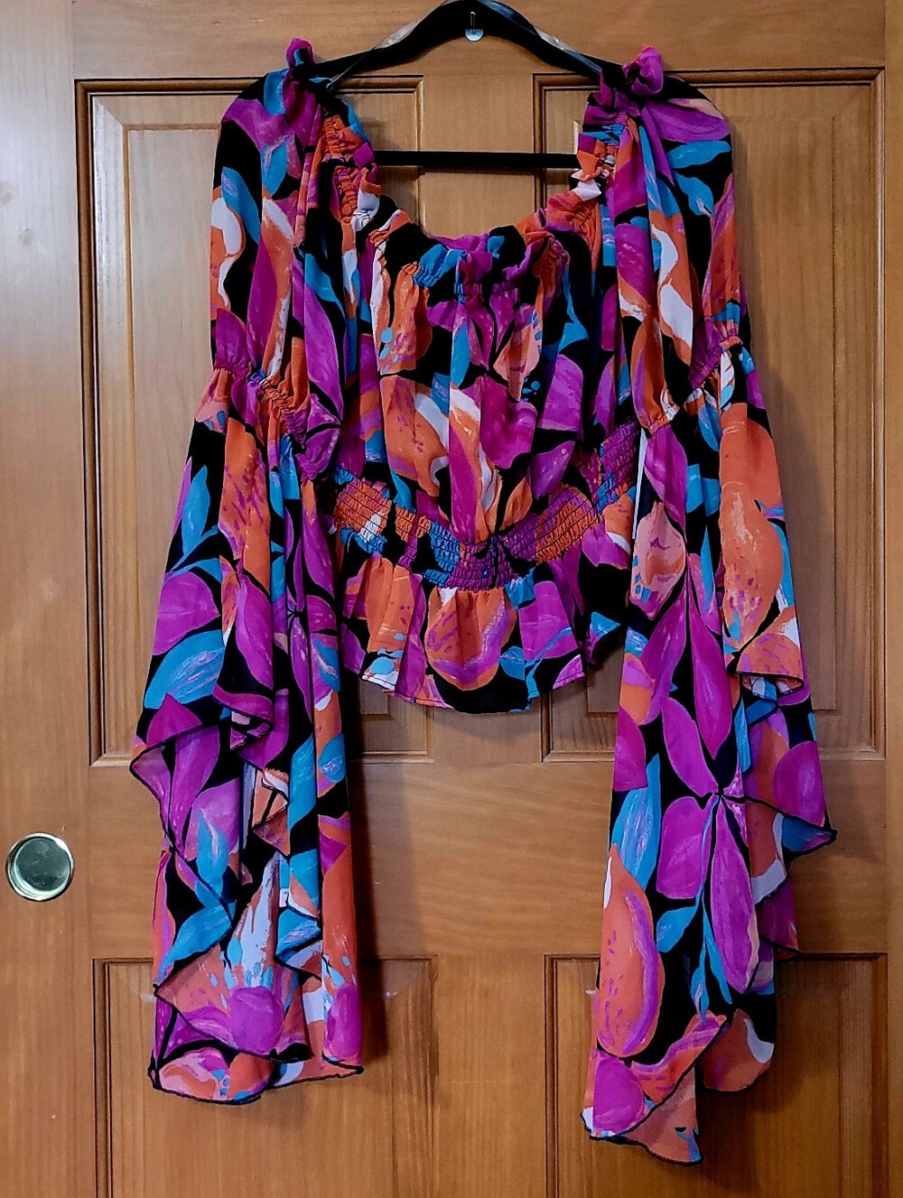 Boho Floral Off Shoulder Smocked Bell Sleeve Women's 2X Festival Vibrant